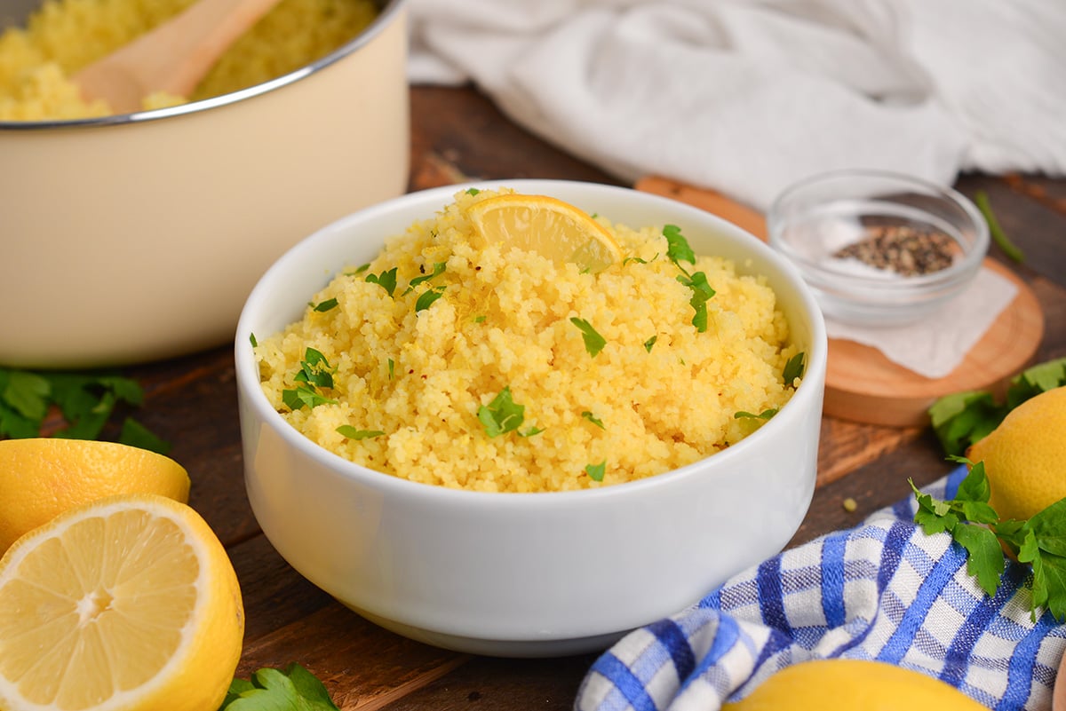 close up angled shot of bowl of lemon couscous