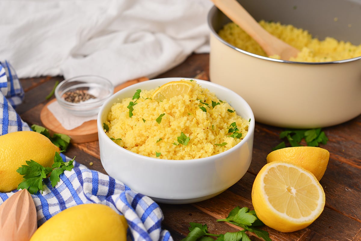 angled shot of bowl of lemon couscous