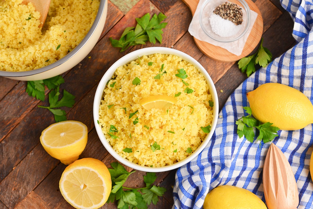 overhead shot of bowl of lemon couscous