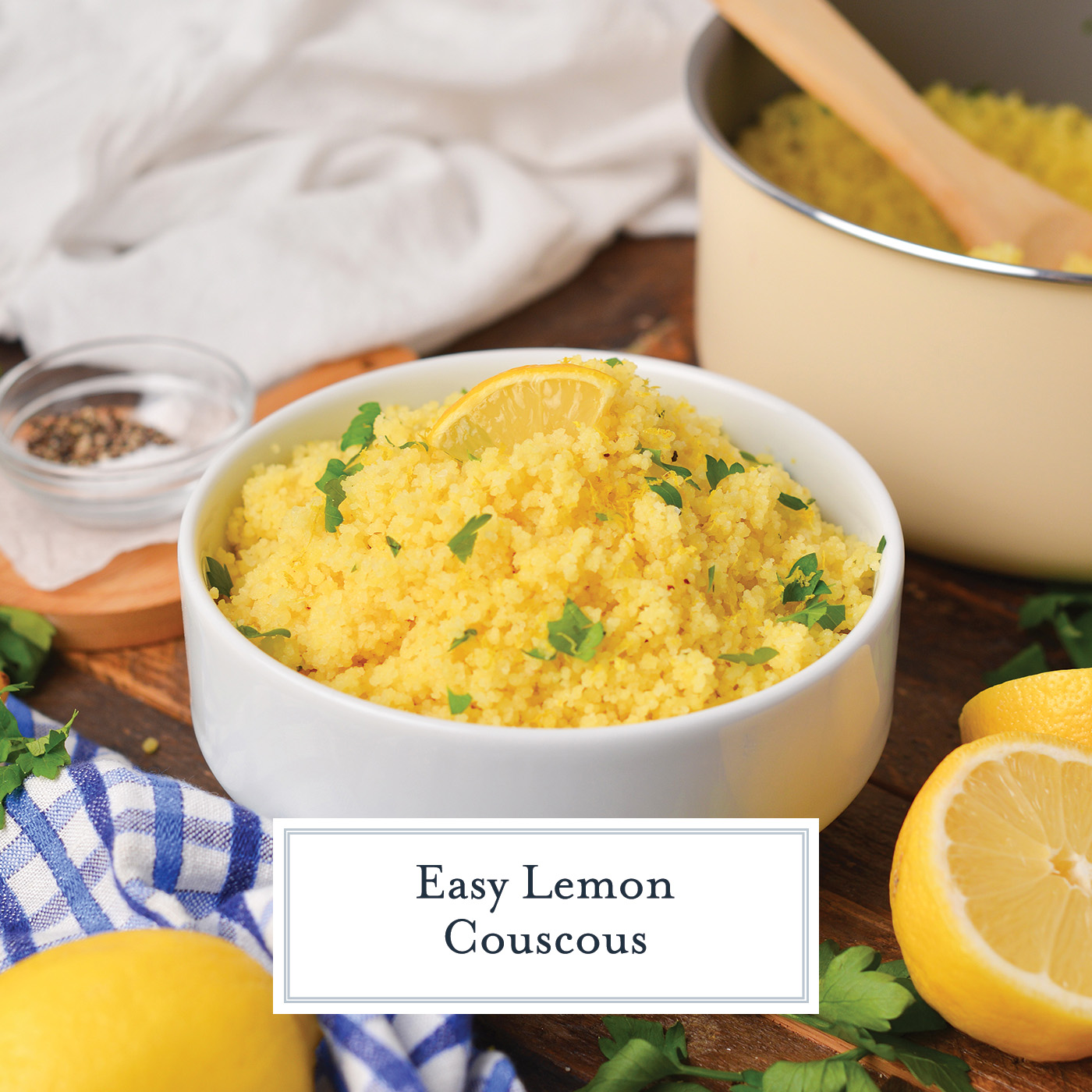angled shot of bowl of lemon couscous with text overlay for facebook