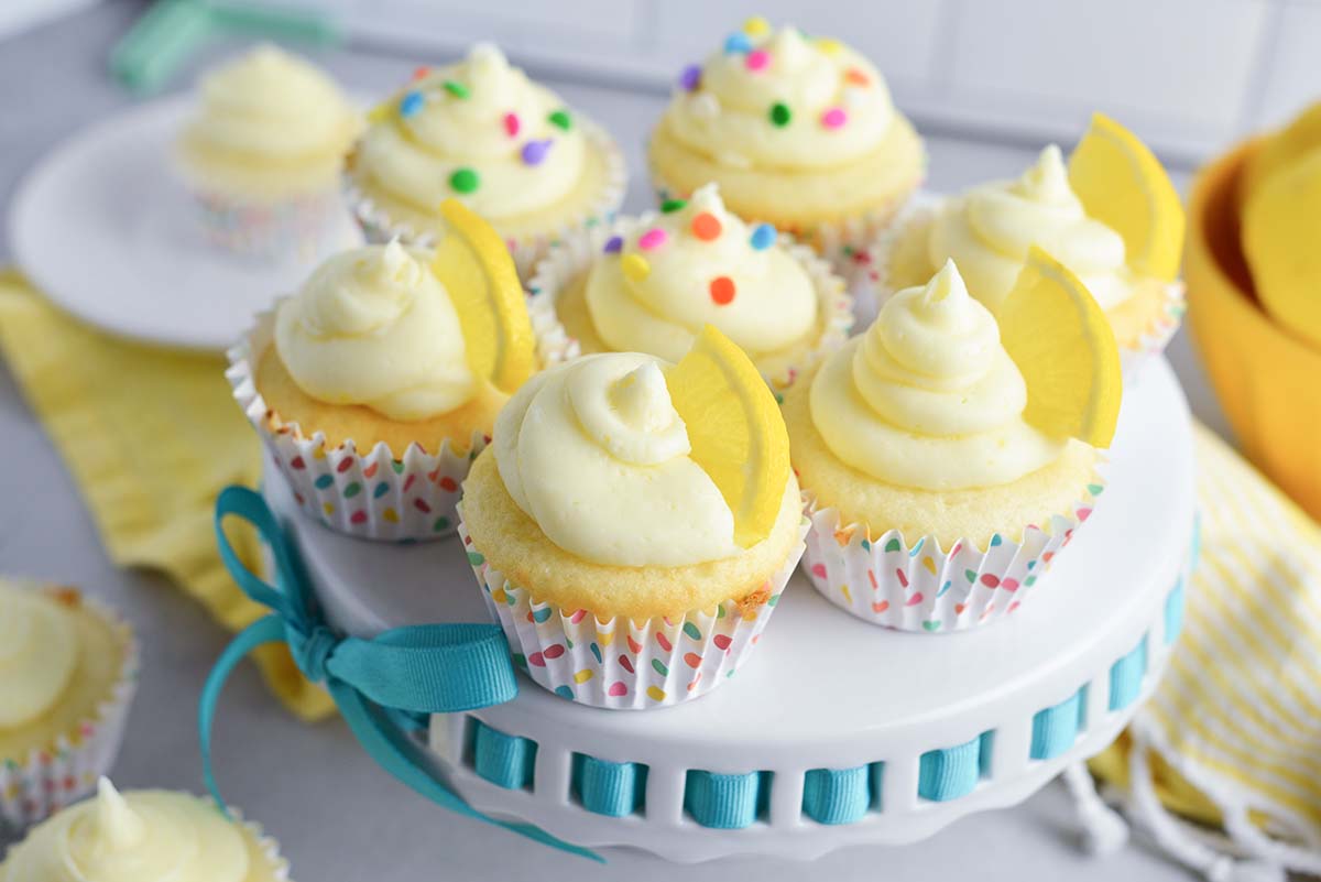 overhead serving platter of lemon cupcakes