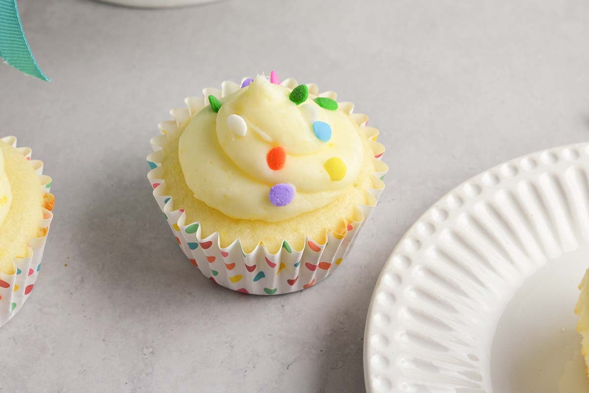 angle view of a lemon confetti cupcake