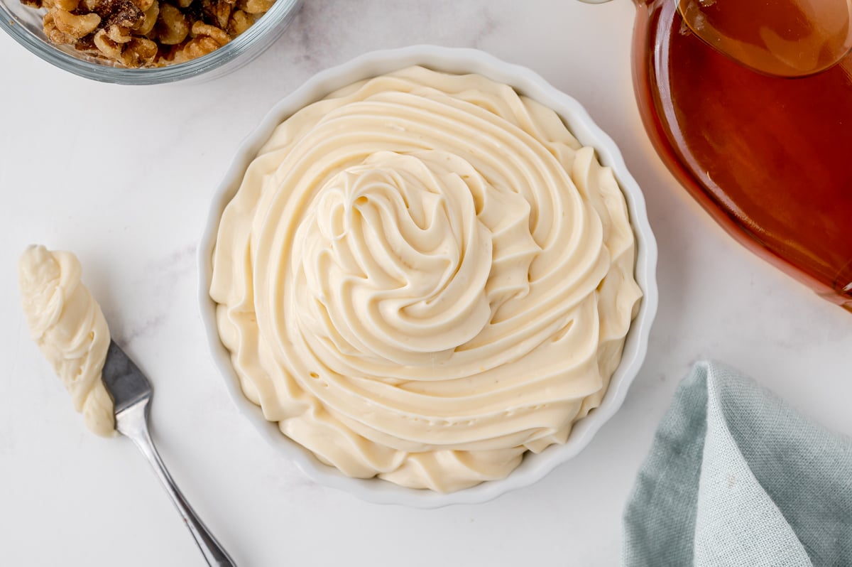 overhead swirl of frosting in a tart dish