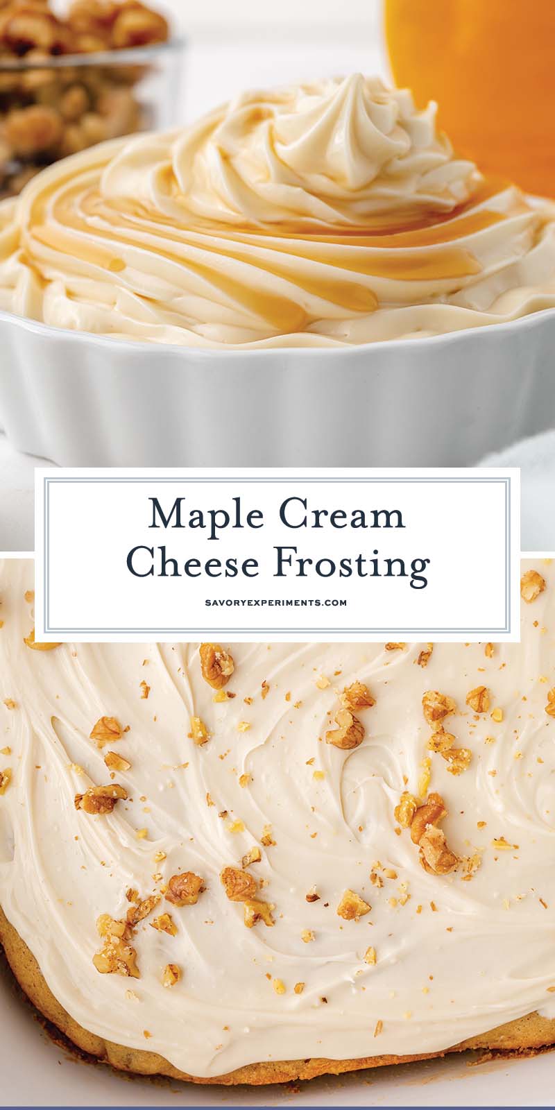 collage of maple cream cheese frosting with walnuts