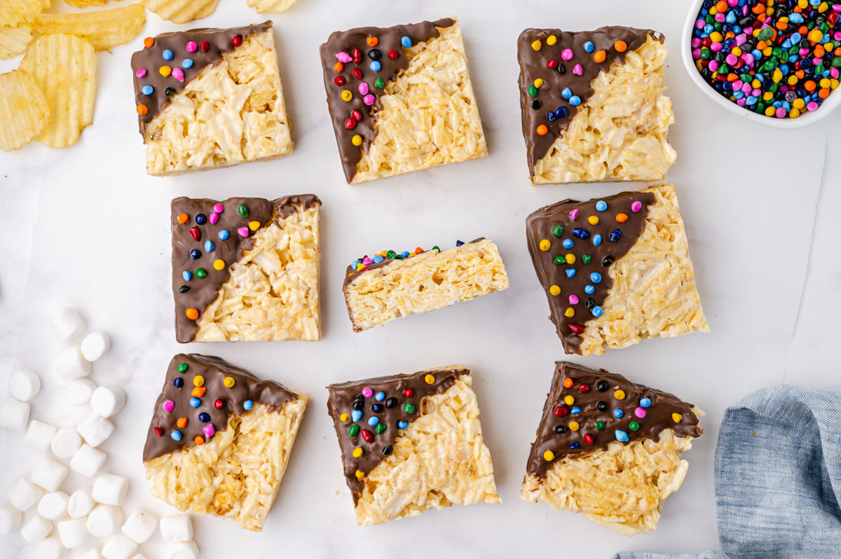 overhead of marshmallow potato chip treats