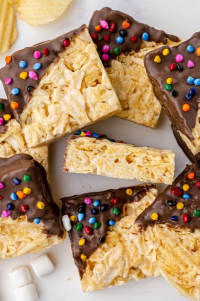 overhead pile of potato chip treats with marshmallow