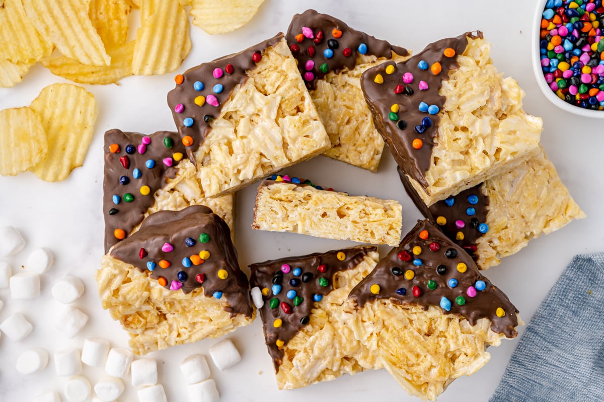 overhead pile of potato chip treats with marshmallow