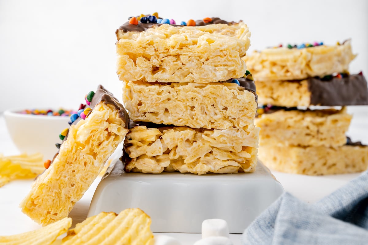 stack of marshmallow potato chip bars