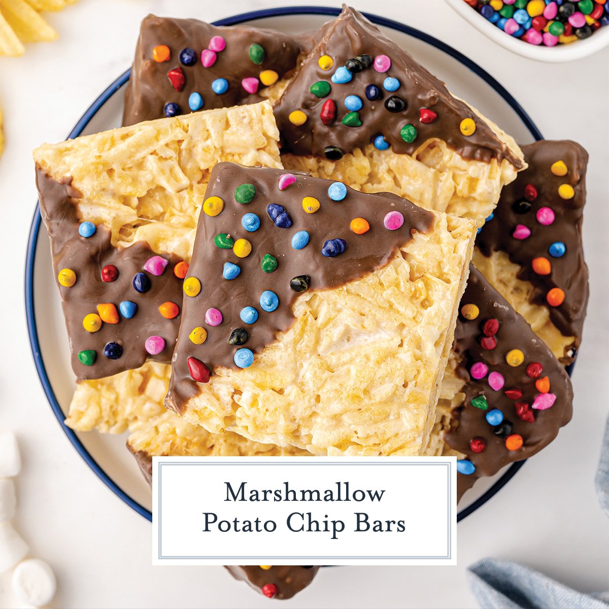 plate of potato chip marshmallow bars with chocolate dip and text overlay