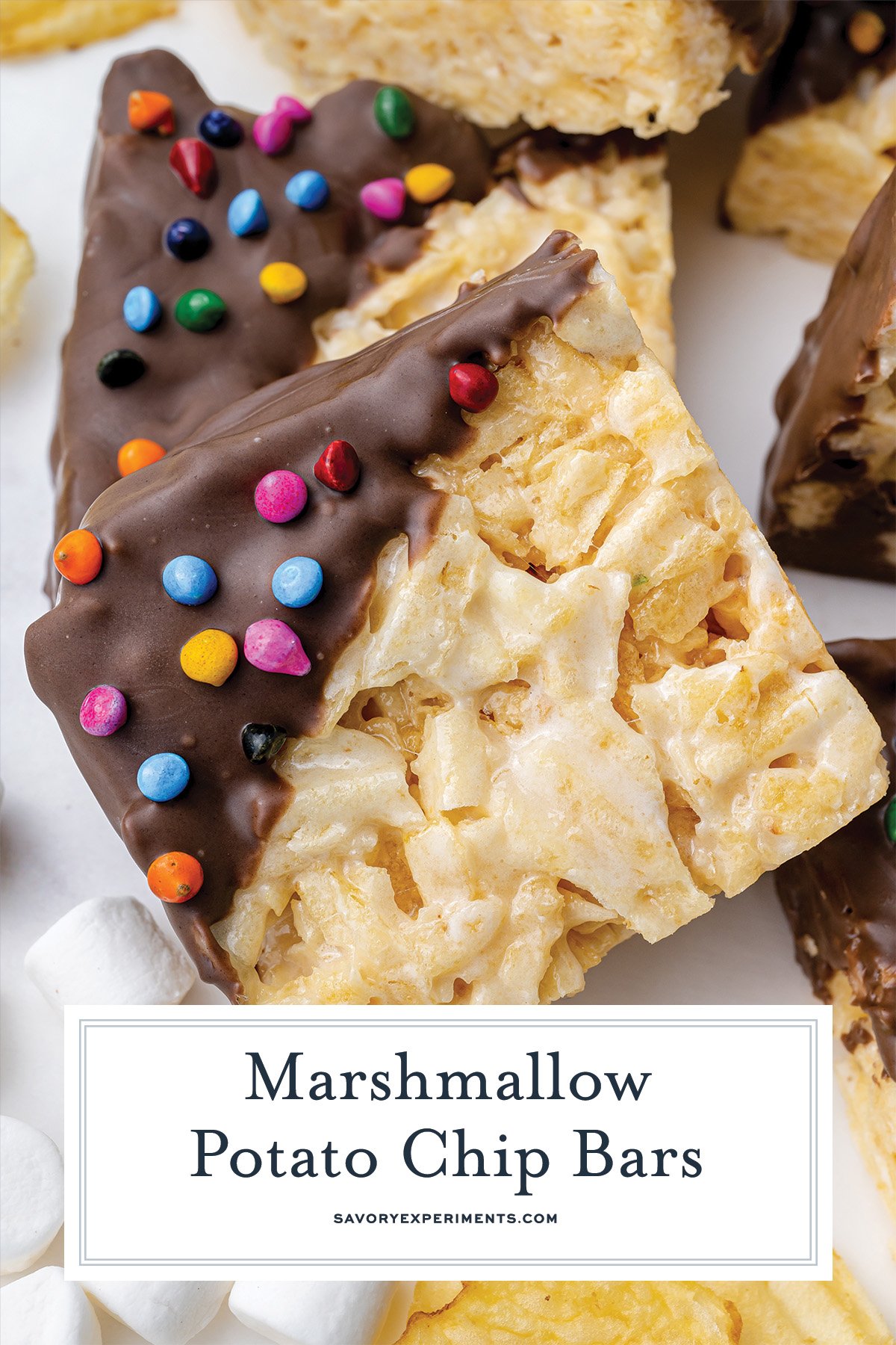 close up of potato chip marshmallow bar with text overlay for pinterest