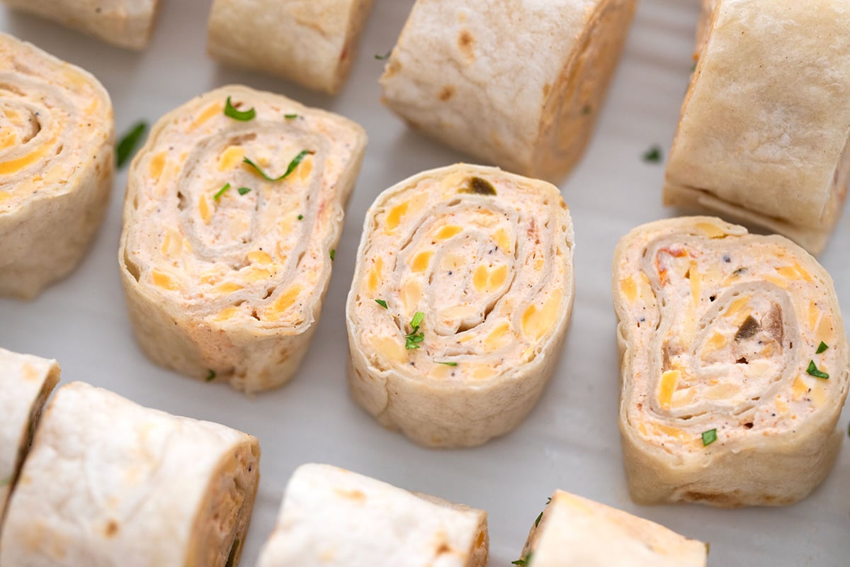 close up of sliced mexican pinwheels