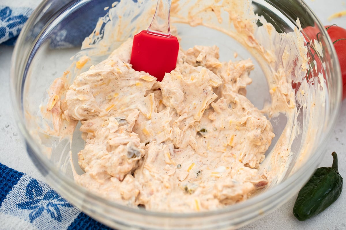 angled shot of cream cheese spread in bowl