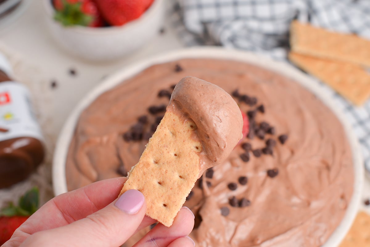 hand holding graham cracker dipped into chocolate dip