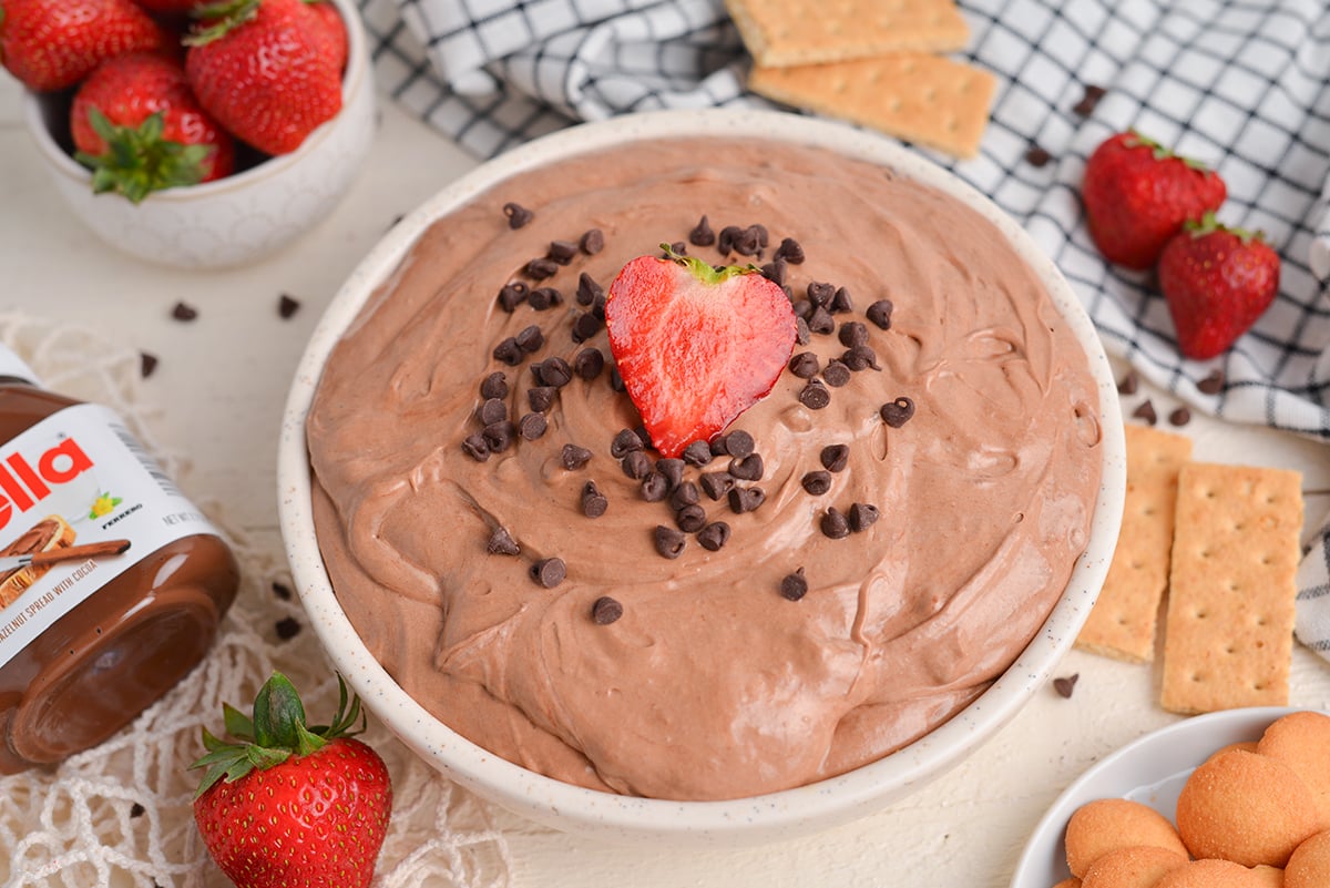 close up angled shot of bowl of nutella dip
