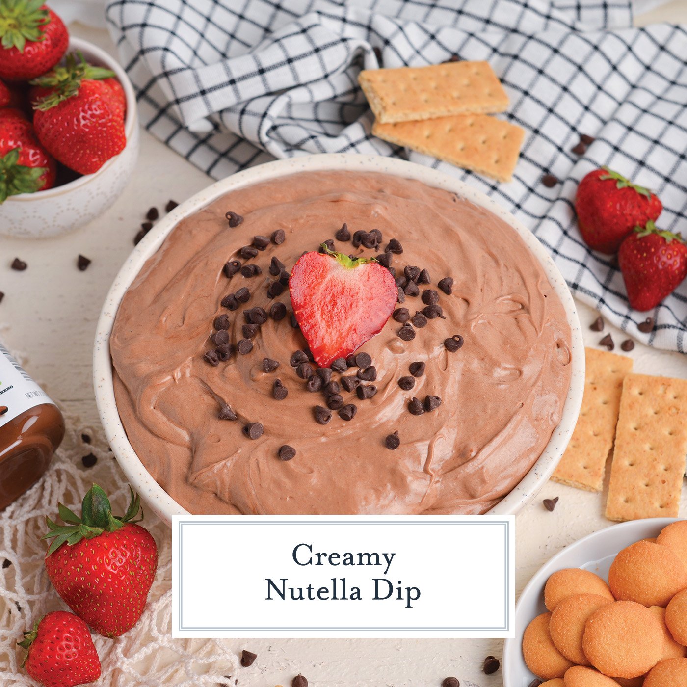 angled shot of bowl of creamy nutella dip with text overlay for facebook