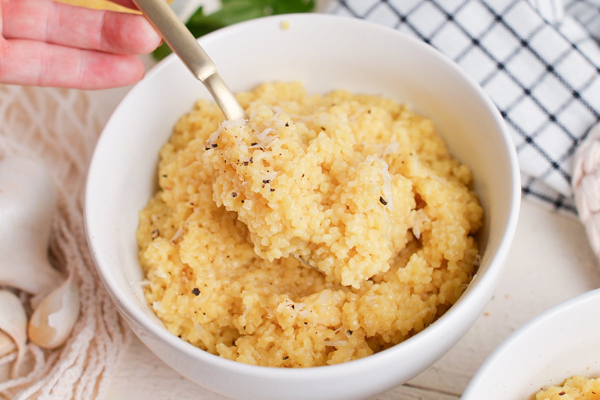 spoon holding a large bite of creamy pasta