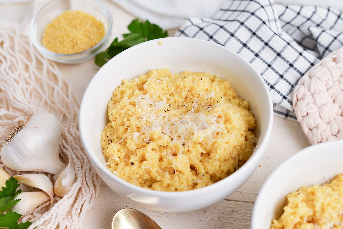 angle bowl of creamy small pasta