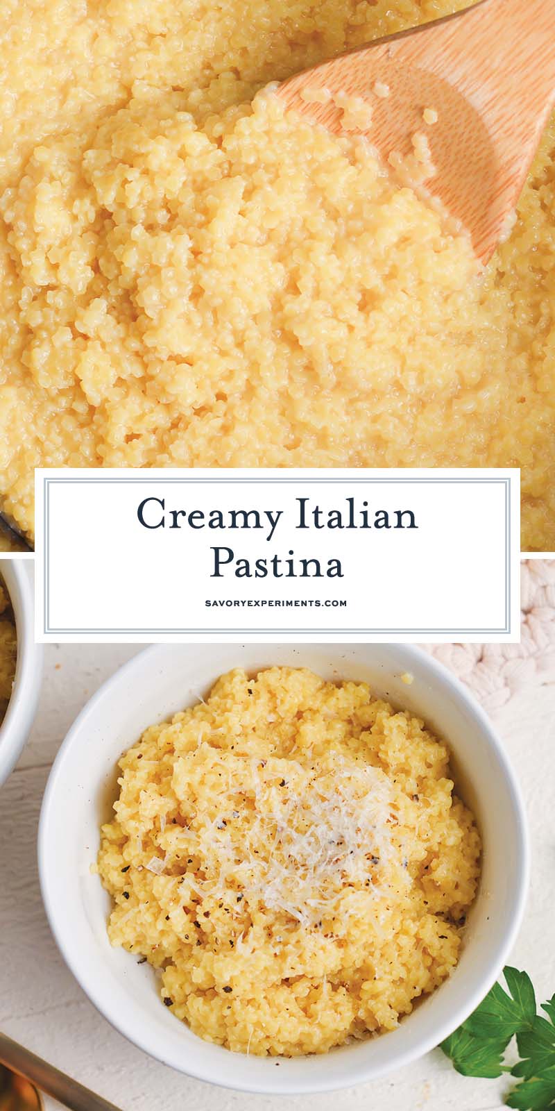 collage of creamy pastina recipe shots with text overlay