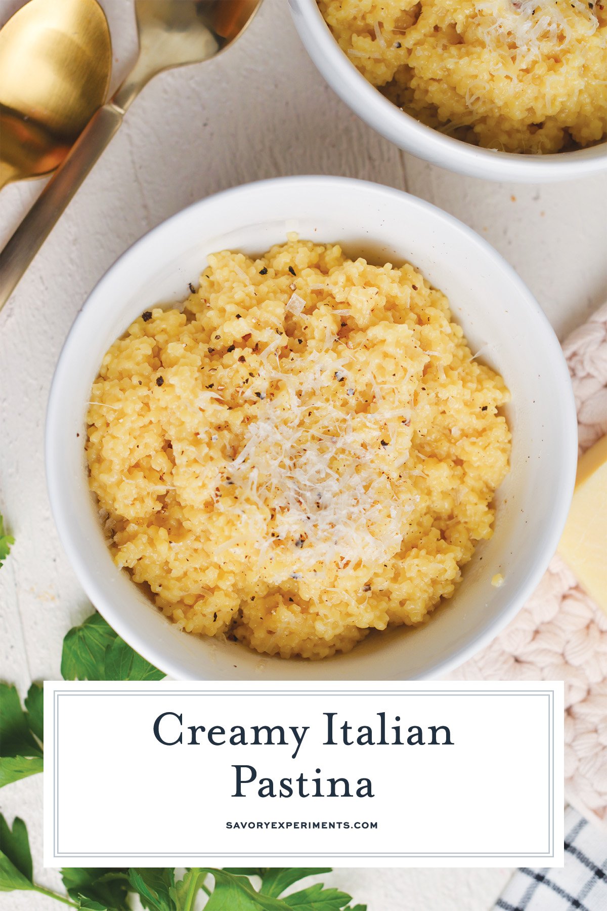 close up bowl of creamy pastina with text overlay
