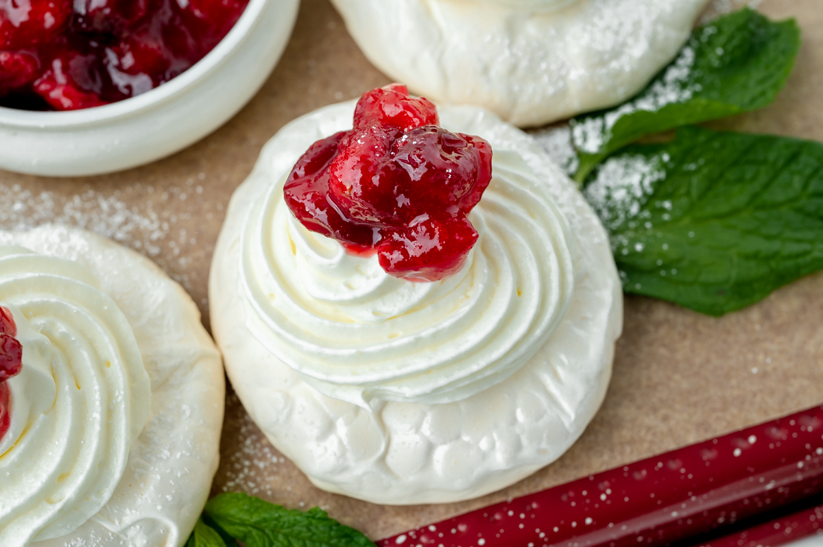 close up angled shot of pavlova meringue wreath