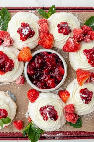 overhead shot of meringue wreath on baking sheet