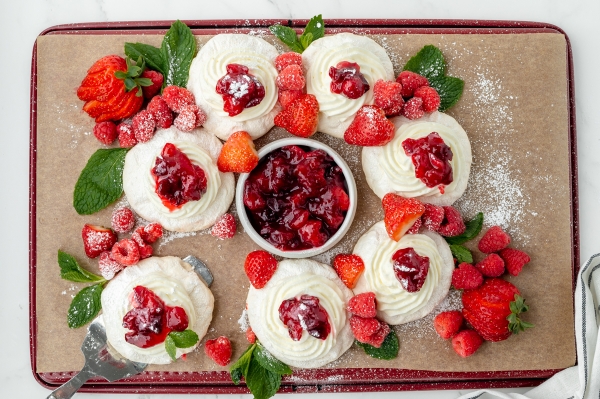 overhead shot of meringue wreath on baking sheet