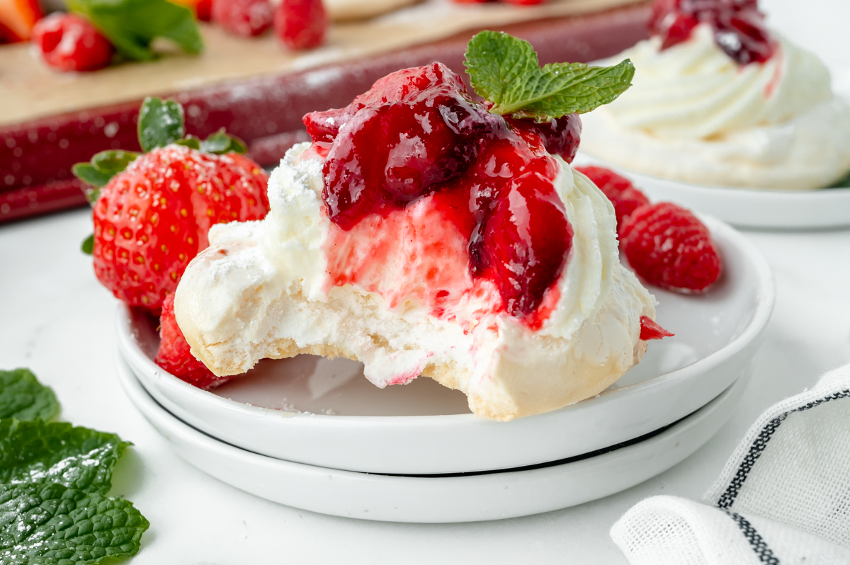 close up of bite taken out of pavlova