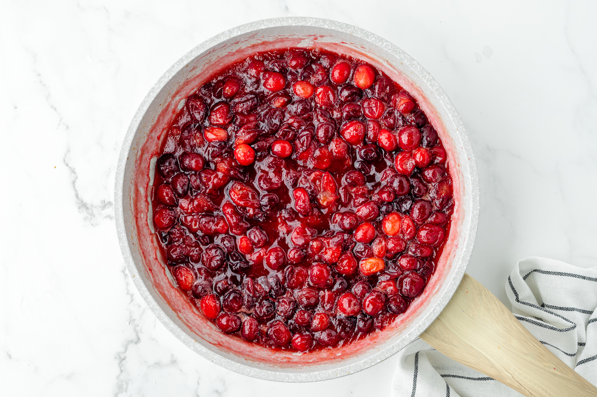 overhead shot of cranberry sauce in saucepan