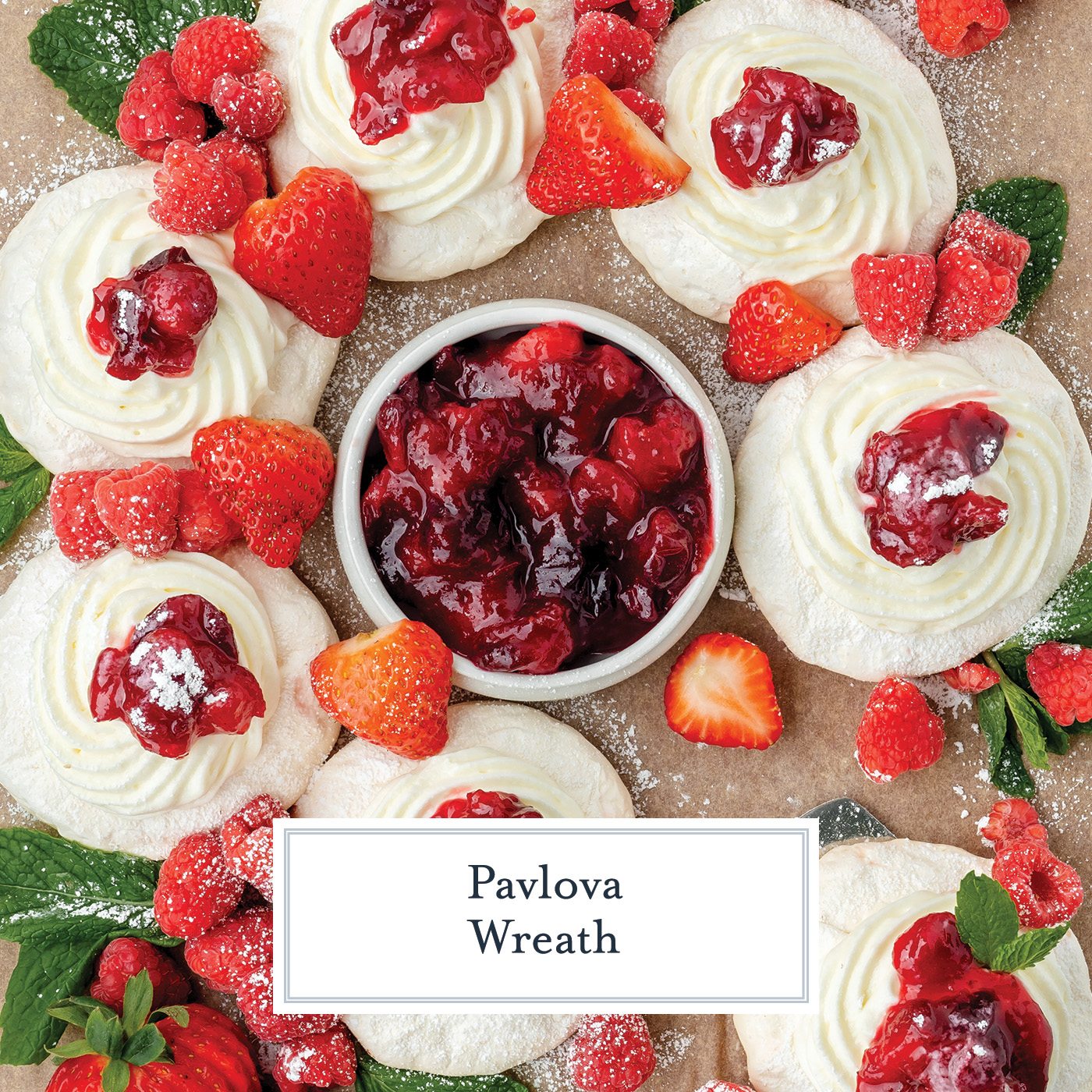 overhead shot of pavlova wreath with text overlay for facebook