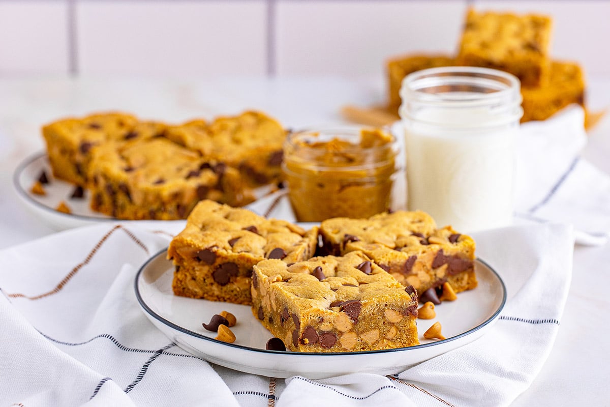 close up of peanut butter bars with chocolate chips