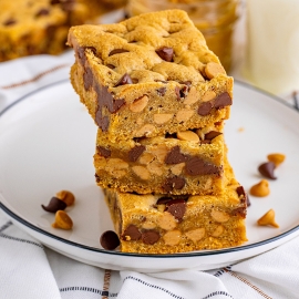 stack of three soft peanut butter chocolate chips bars