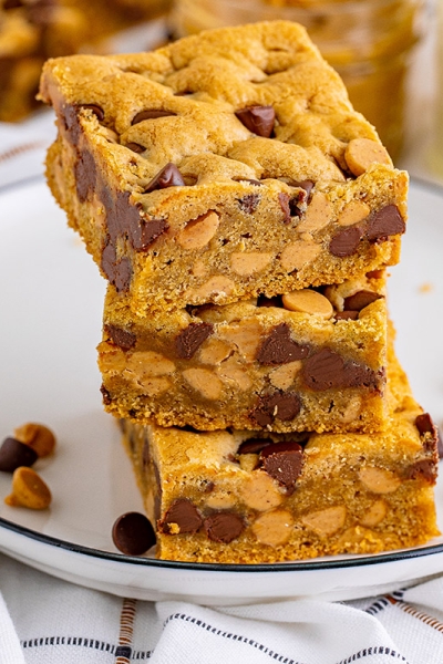 stack of three soft peanut butter chocolate chips bars