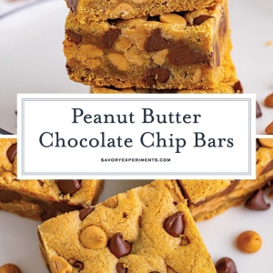 collage of peanut butter chocolate chip cookie bars with text overlay
