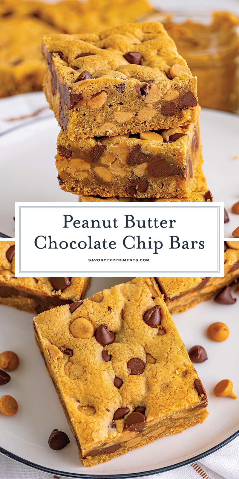 collage of peanut butter chocolate chip cookie bars with text overlay