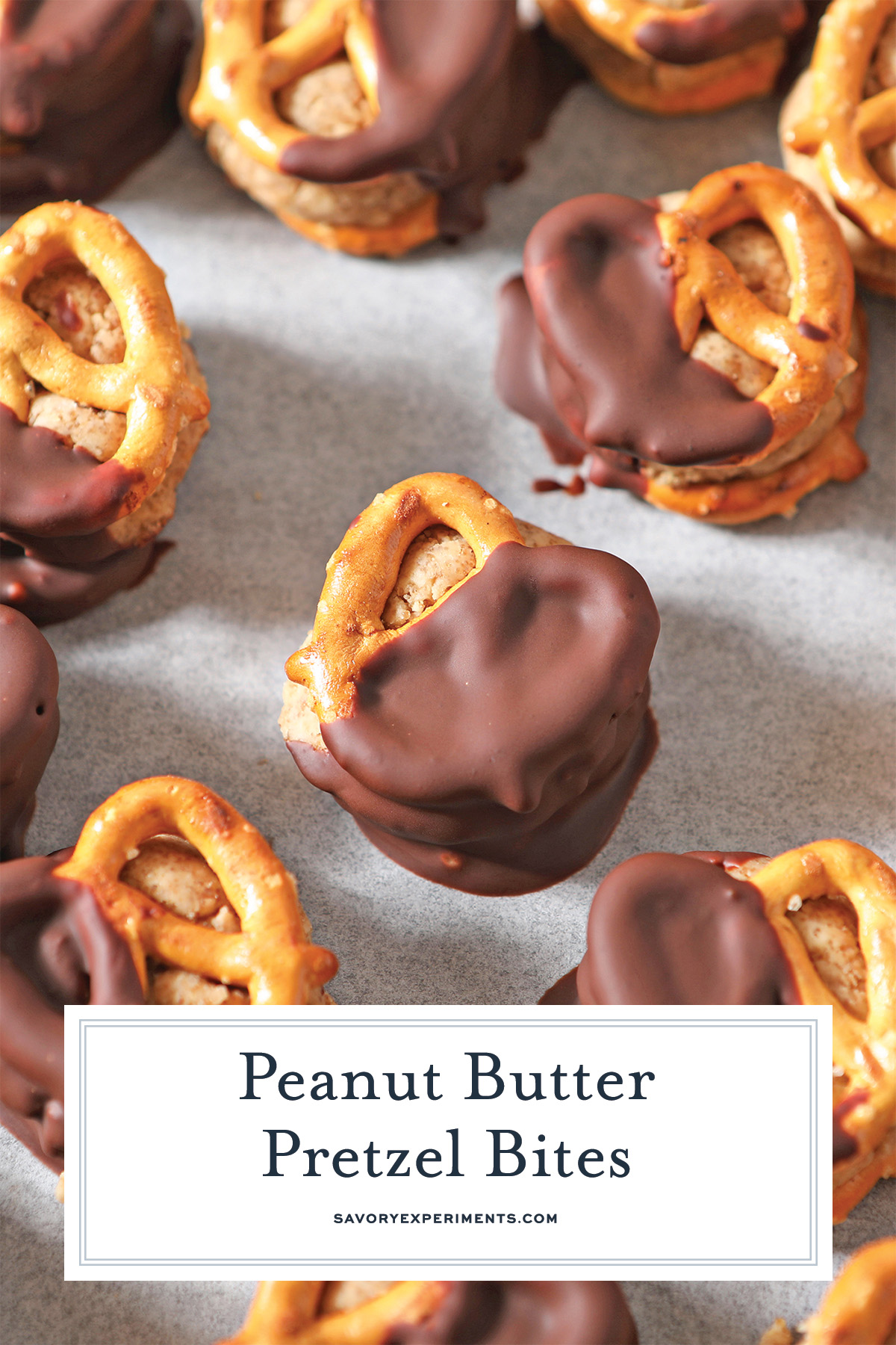 close up of peanut butter pretzel sandwiches with chocolate