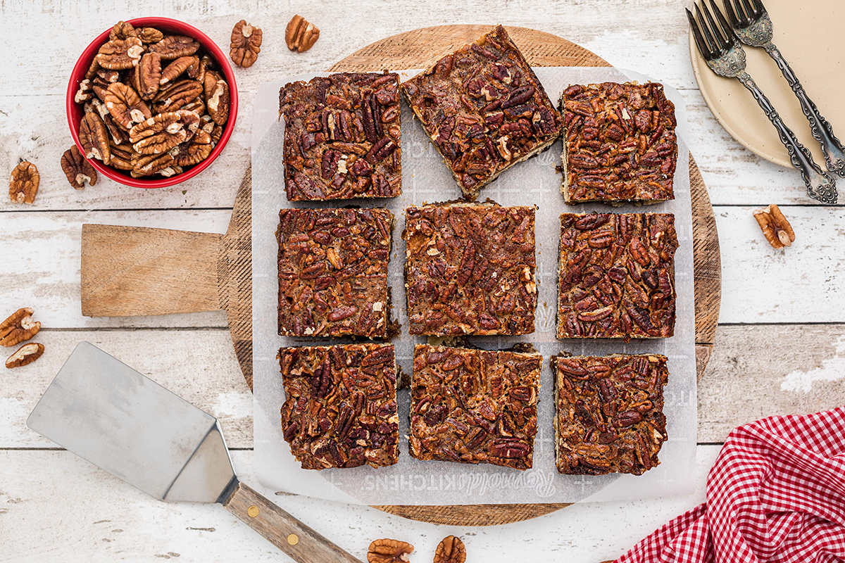 pecan pie bars cut into squares