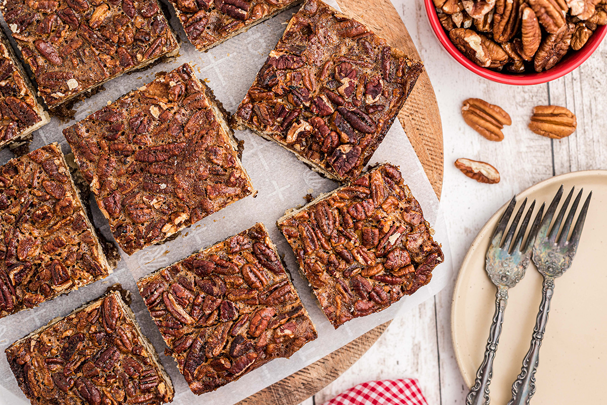close up of the tops of pecan pie bars