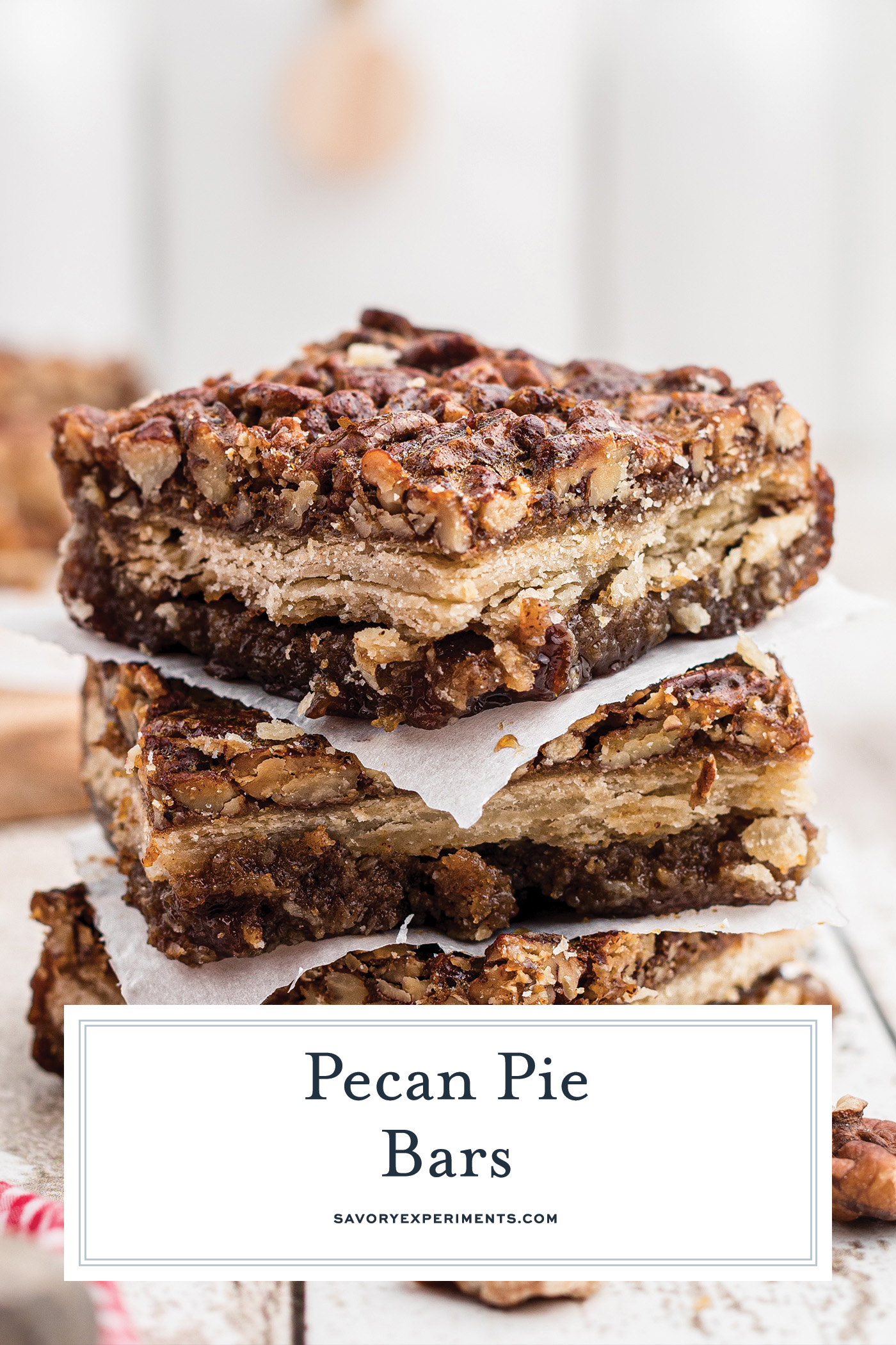 stack of pecan pie bars with text overlay