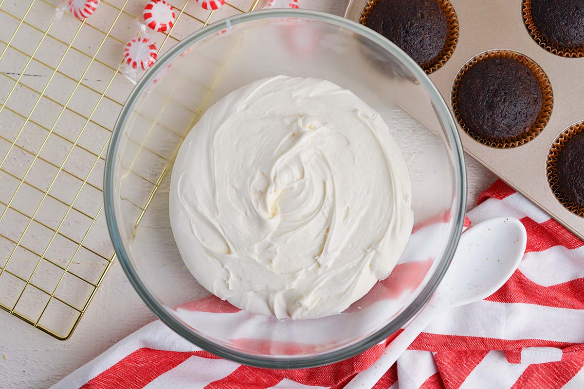 overhead shot of marshmallow frosting in bowl