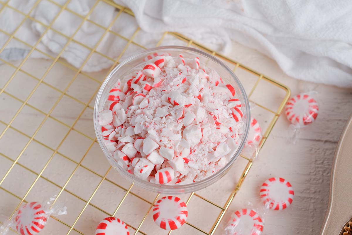 overhead shot of crushed peppermint in bowl