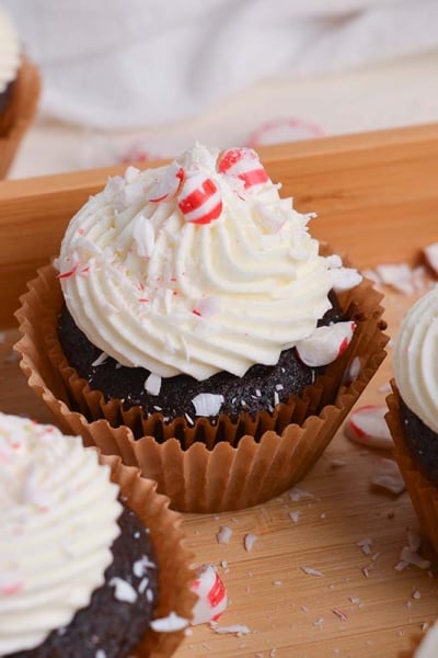 close up angled shot of peppermint mocha cupcakes