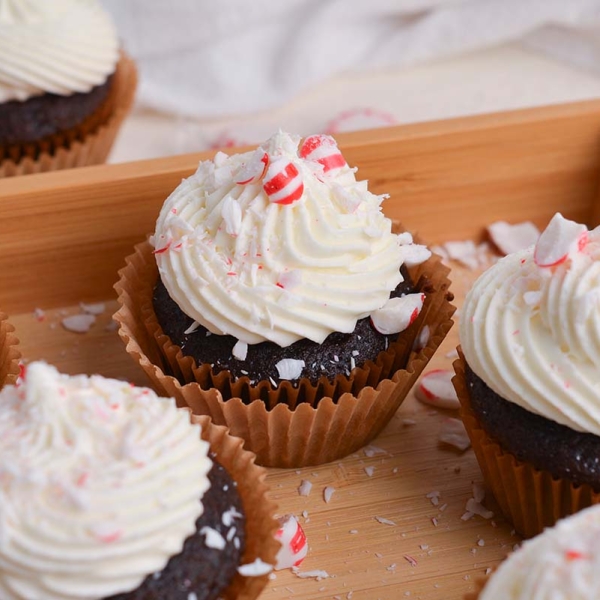 close up angled shot of peppermint mocha cupcakes
