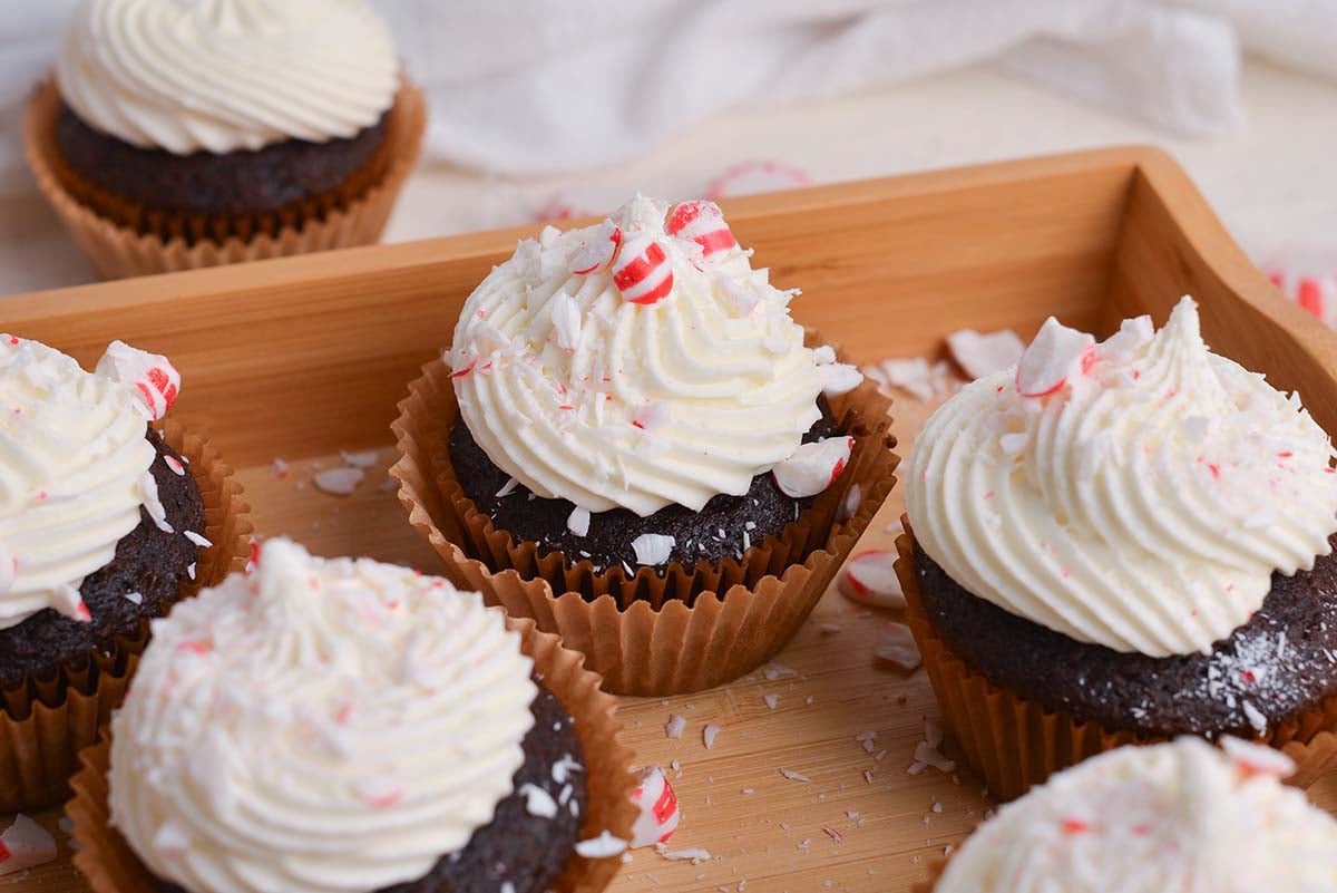 close up angled shot of peppermint mocha cupcakes