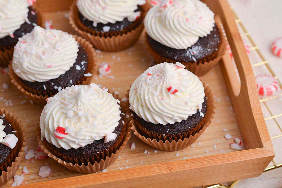 close up angled shot of chocolate cupcakes on tray