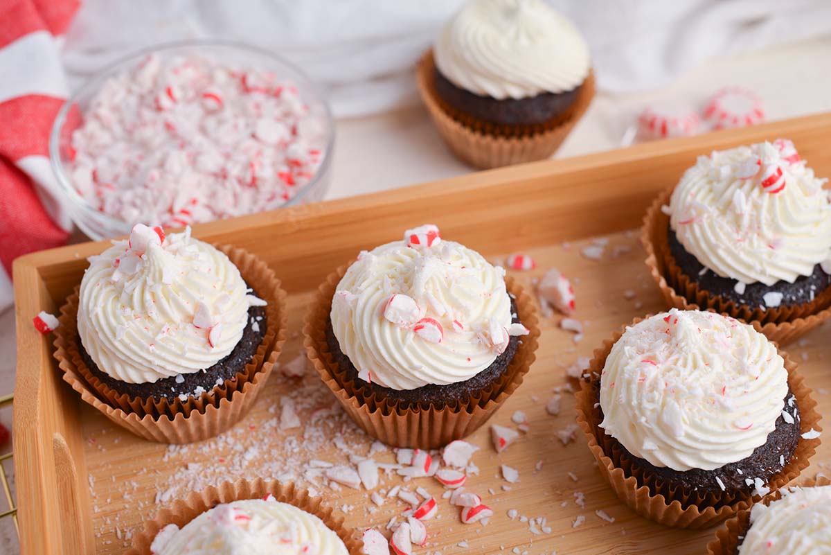 angled shot of peppermint mocha cupcakes on a tray