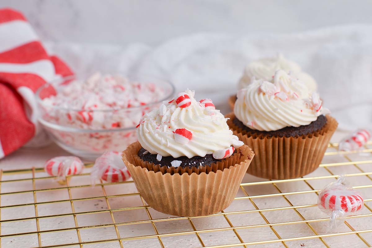 straight on shot of peppermint mocha cupcakes on wire rack