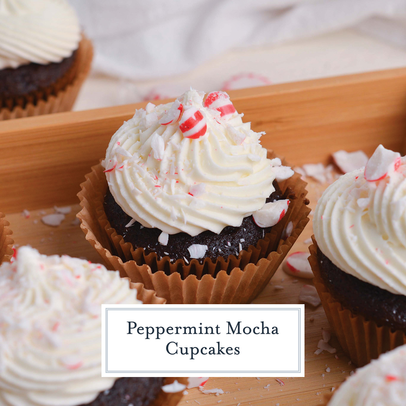 close up angled shot of peppermint mocha cupcake with text overlay for facebook