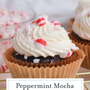 straight on shot of peppermint mocha cupcake with text overlay for pinterest