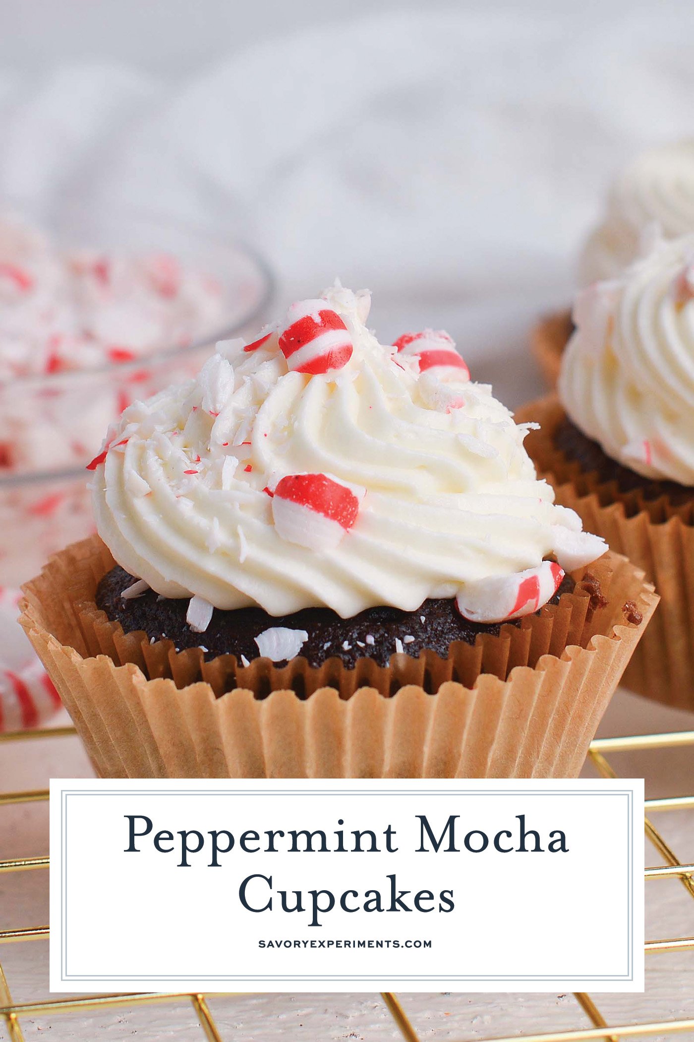 straight on shot of peppermint mocha cupcake with text overlay for pinterest