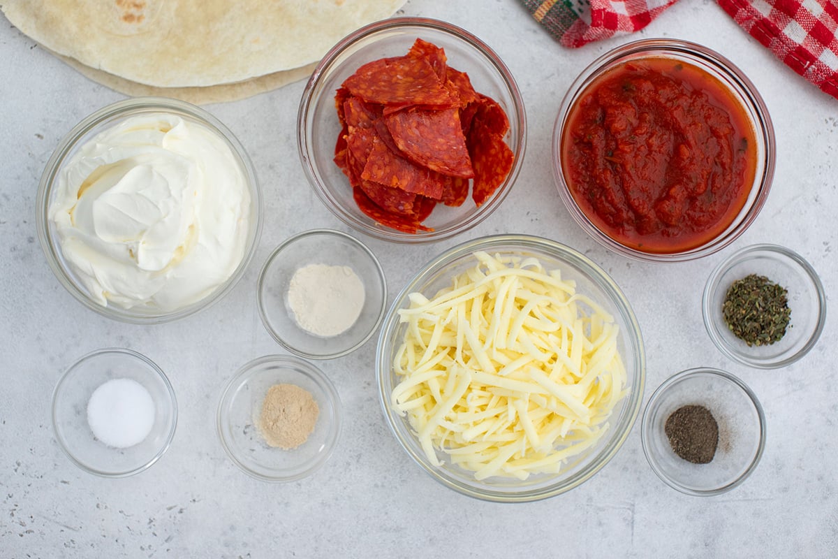 overhead shot of pizza pinwheels ingredients